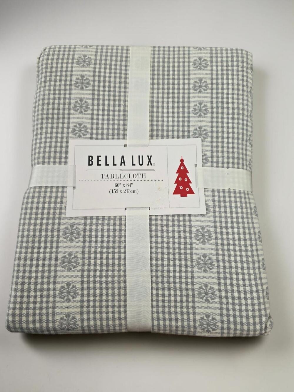 Bella Lux Christmas Tablecloth 60x84 Gray Gingham Snowflake Metallic Holiday